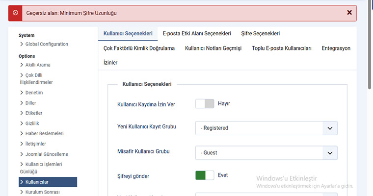 Minimum Şifre Uzunluğu Hatası